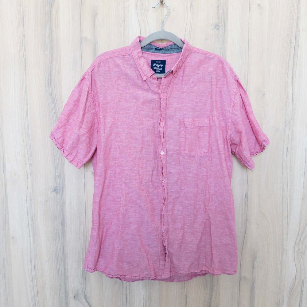 Artistry in Motion Mens Linen Button Down Shirt XL Pink Slim Fit Short‎ Sleeve